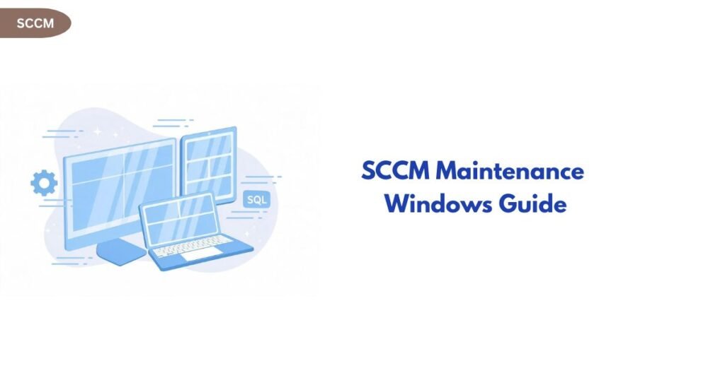 Informational hero image with blue IT devices (monitors and laptop) on the left and the text 'SCCM Maintenance Windows Guide' on the right.