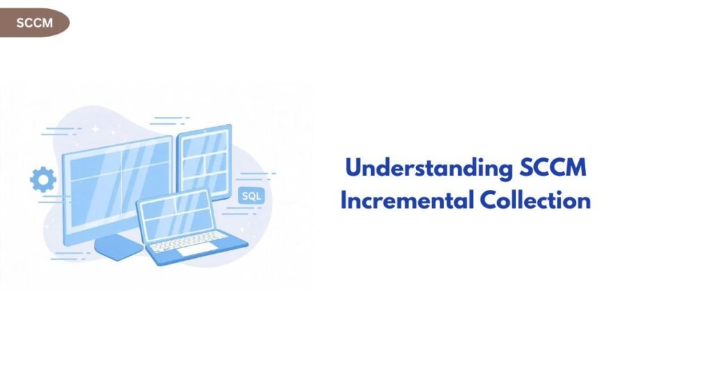 Blue illustration of computer monitors and a laptop with a SQL badge, beside the heading 'Understanding SCCM Incremental Collection'.