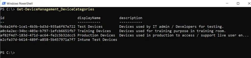 how to check Intune device category with PowerShell