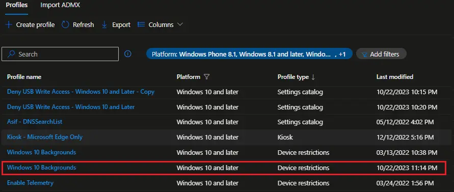 Device configuration profiles | Intune