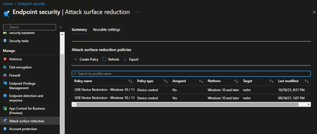 Export Endpoint Security Policies | Intune