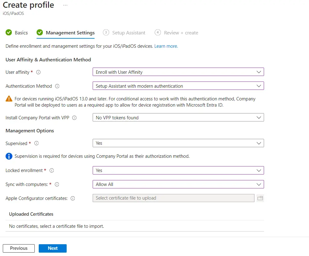 Apple MDM Intune ADE | Management Settings