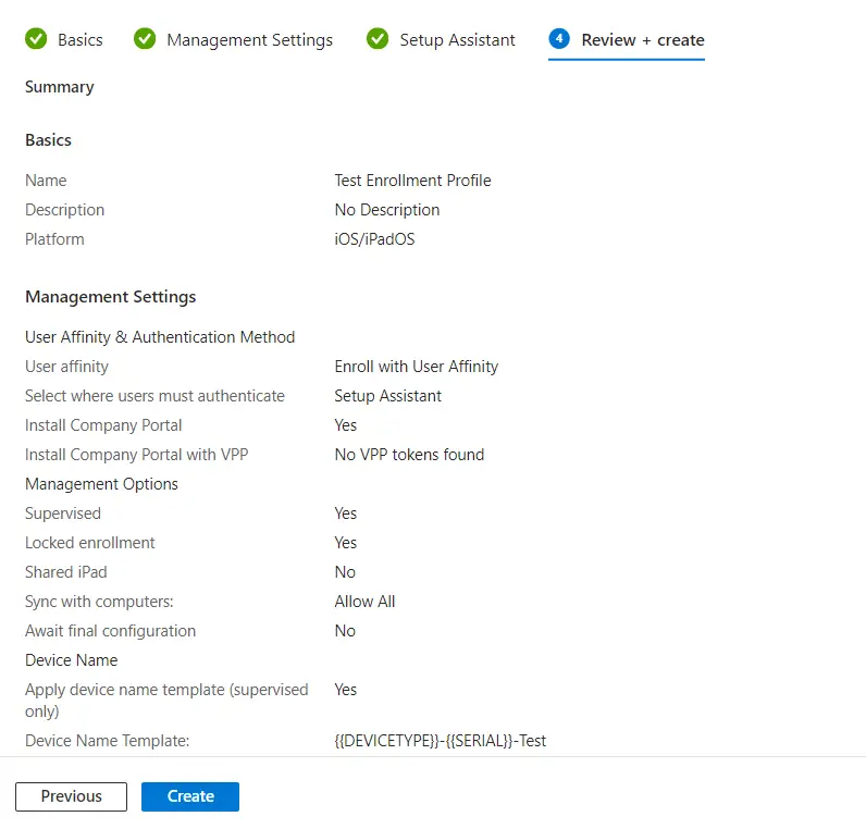 Intune ADE enrollment profile | Review + create.