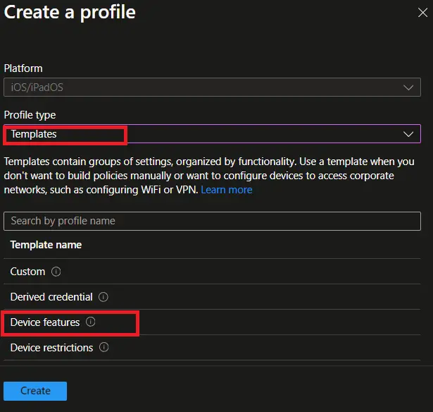 Intune configuration profiles - Device features