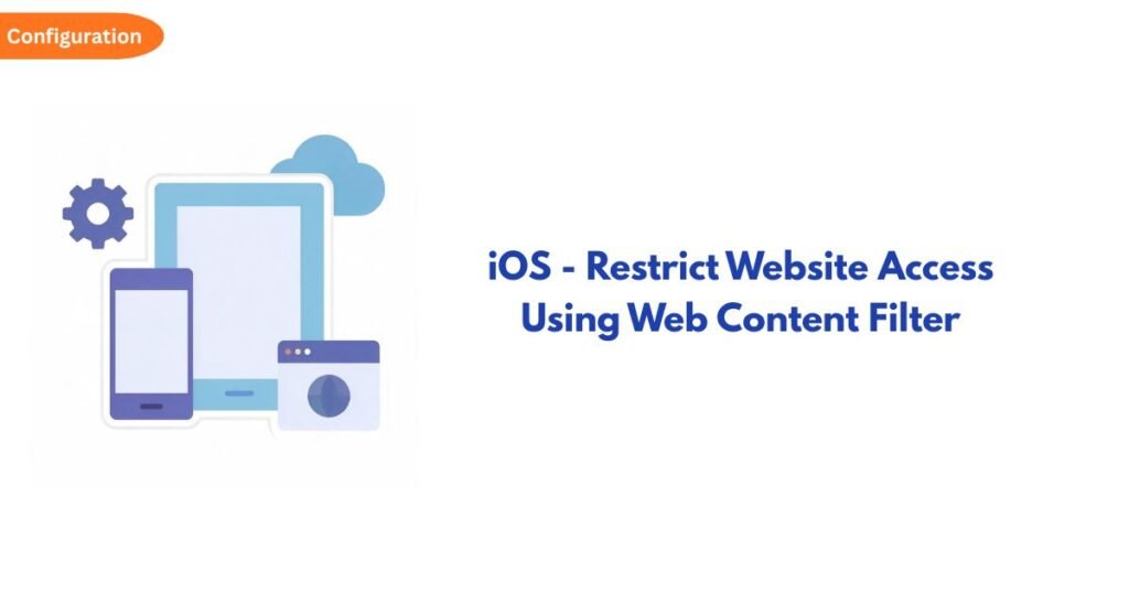 Configuration badge and an illustration of a tablet, phone, and cloud, with the heading 'iOS - Restrict Website Access Using Web Content Filter'.