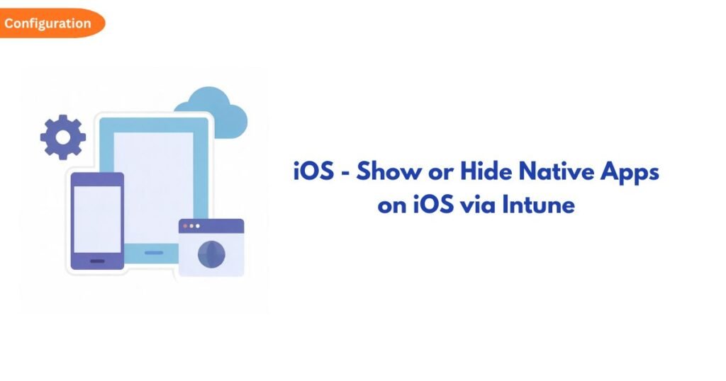 Illustration of a tablet, phone, and cloud with a gear icon beside the heading about configuring iOS apps via Intune (Configuration badge in top-left).