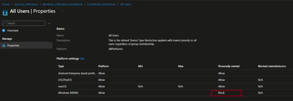 Intune Device platform restriction policy