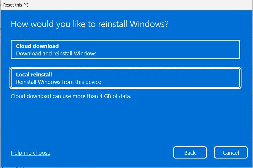 How would you like to reinstall Window?