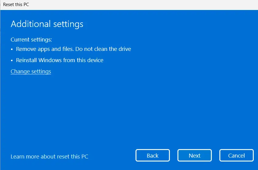 Reset windows 11 PC Additional Settings