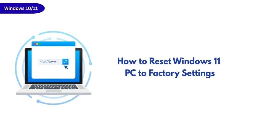 Laptop illustration with a browser window and search icon, placed beside the title 'How to Reset Windows 11 PC to Factory Settings'.