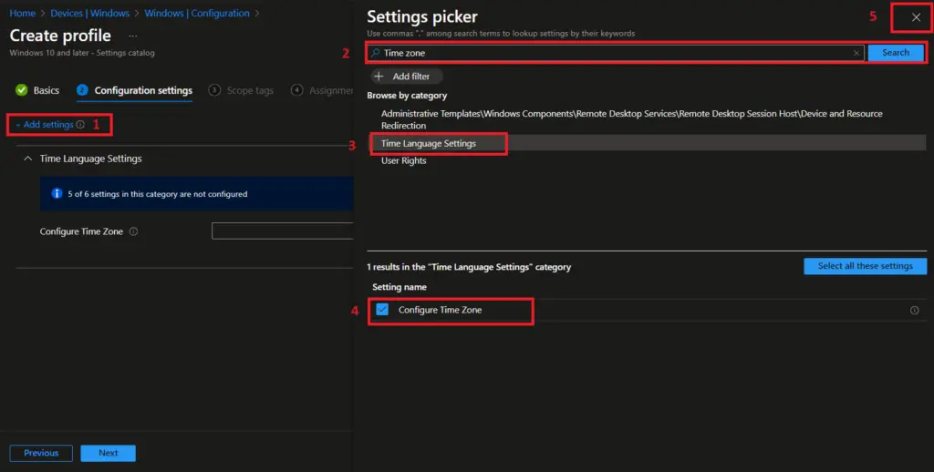 Intune Configure time zone Device configuration profile