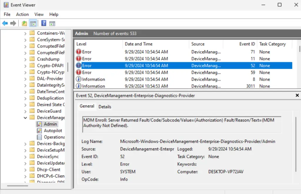 MDM Enroll: Server Returned Fault/Code/SubCode/Values(Authorization) Fault/Reson/Text=(MDM Authority Not Defined).