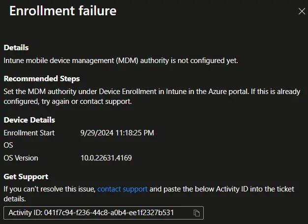 Intune mobile device management (MDM) authority is not configured yet.