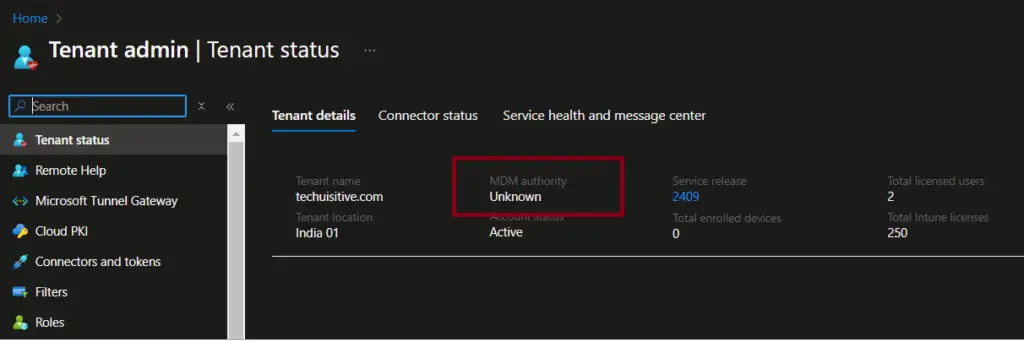 Intune Tenant details MDM authority