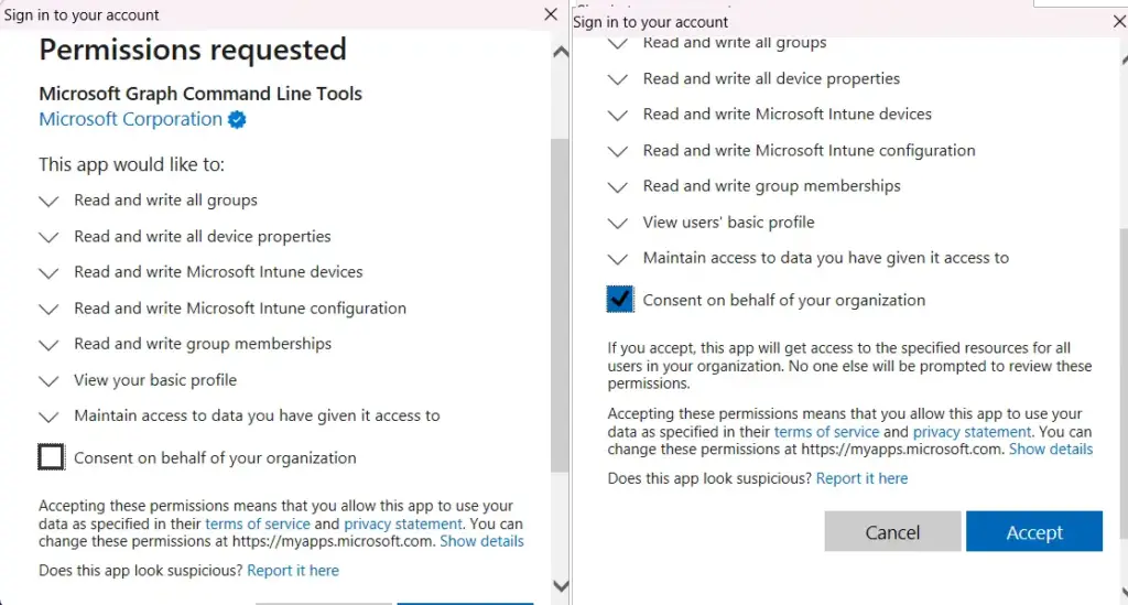 Microsoft Graph command line tool admin consent