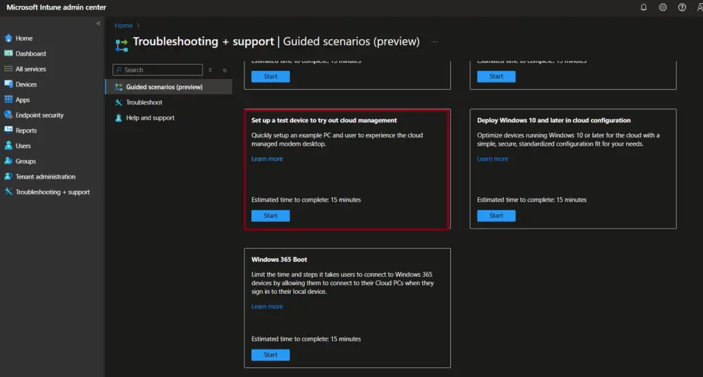 Set up a test device to try out cloud management | Intune Guided scenario