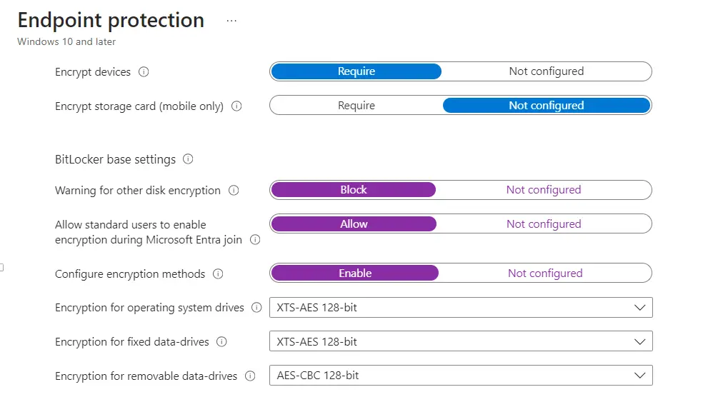 Intune BitLocker Settings