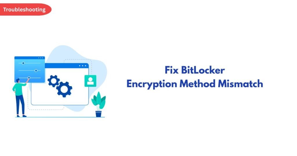 Troubleshooting banner with the title 'Fix BitLocker Encryption Method Mismatch' and a person adjusting settings on a computer.