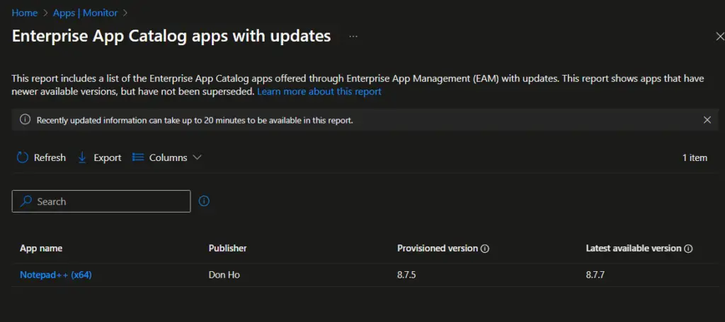 Win32 App Intune Enterprise App Catalog update report