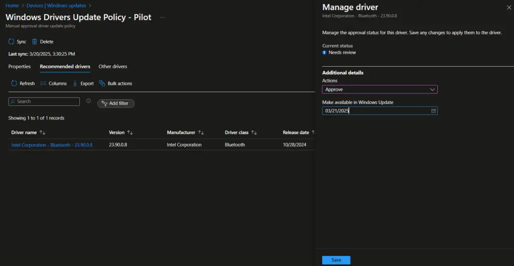 Intune drivers update - Review and approve driver