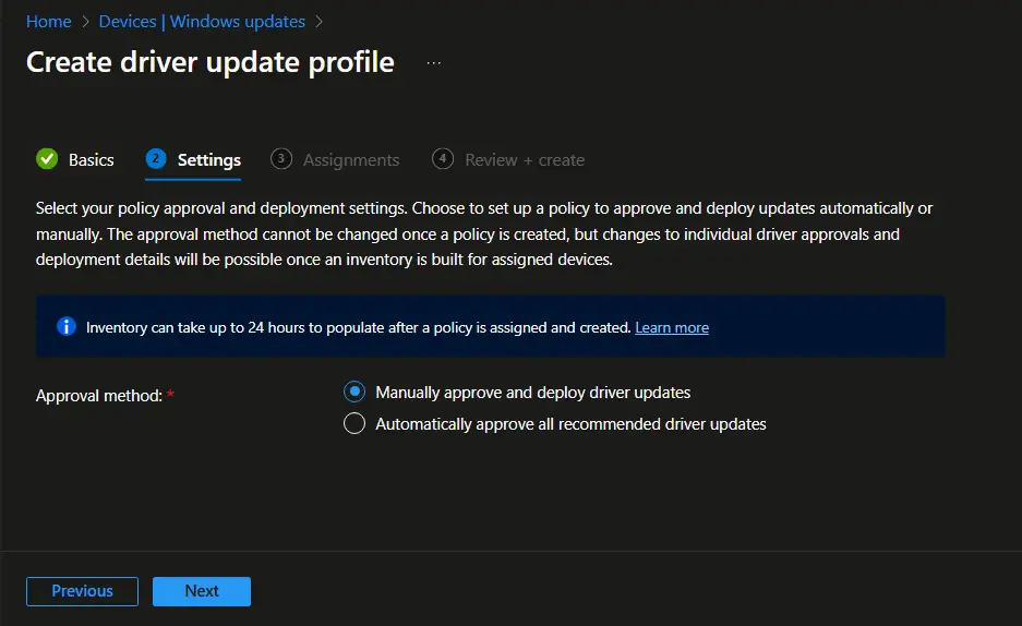 Intune driver update approval method.