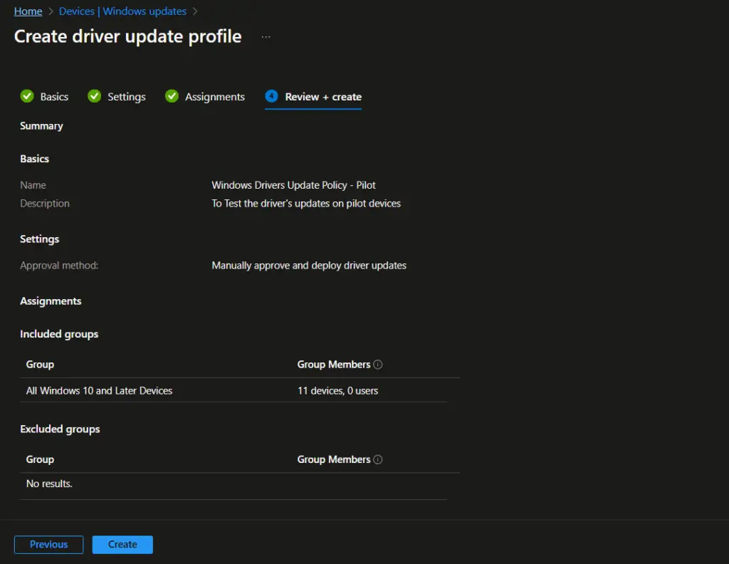 Intune device configuration profile | review + create page