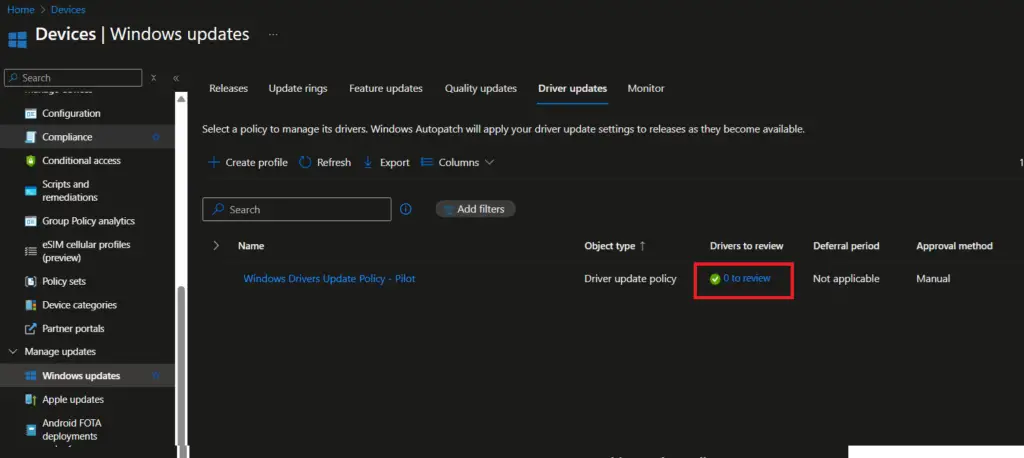 Intune Drivers update policy | review drivers update policy