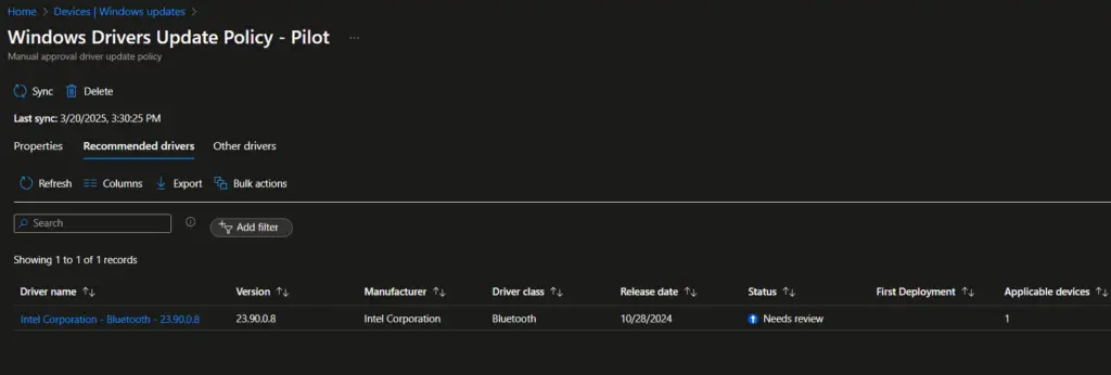 Intune drivers update policy - recommended drivers