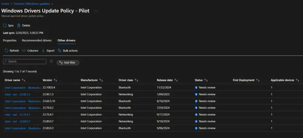 Intune drivers update policy - Other drivers
