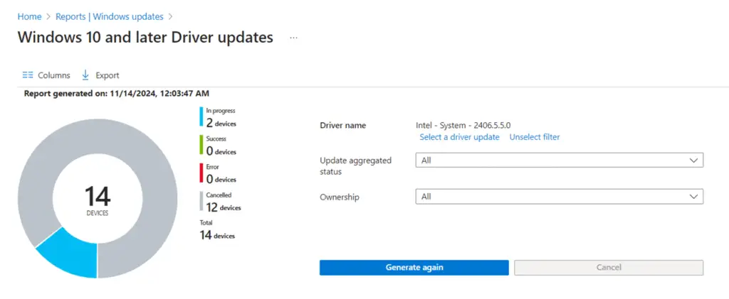 Intune drivers update deployment status report.