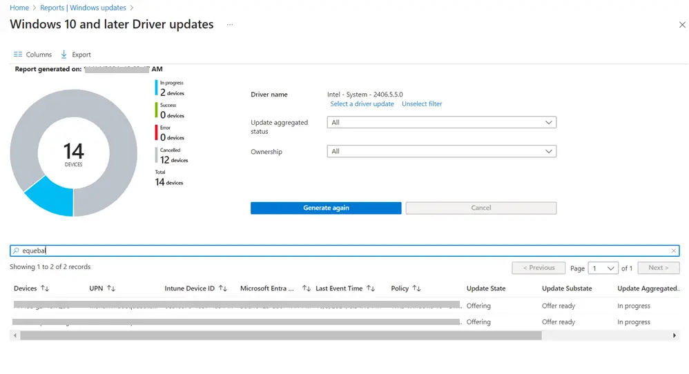 Intune drivers update report