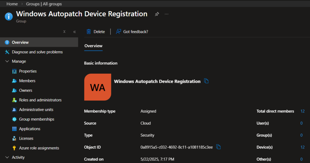 Windows Autopatch Device Registration Entra Group