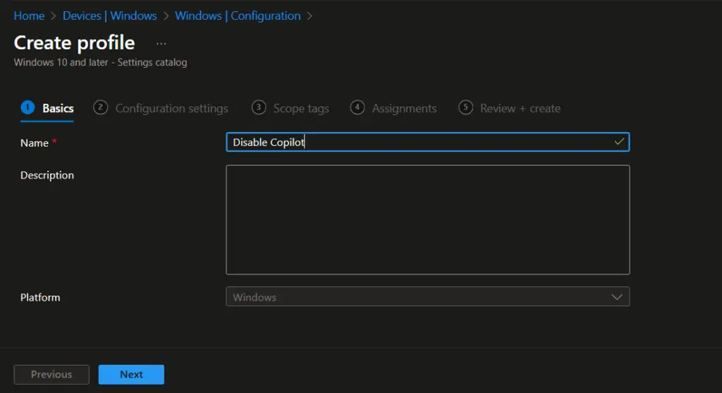 Disable Windows AI settings Intune catalog