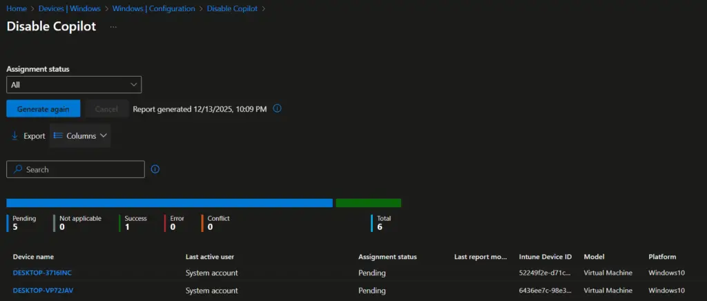 Disable copilot inutne policy assignment status