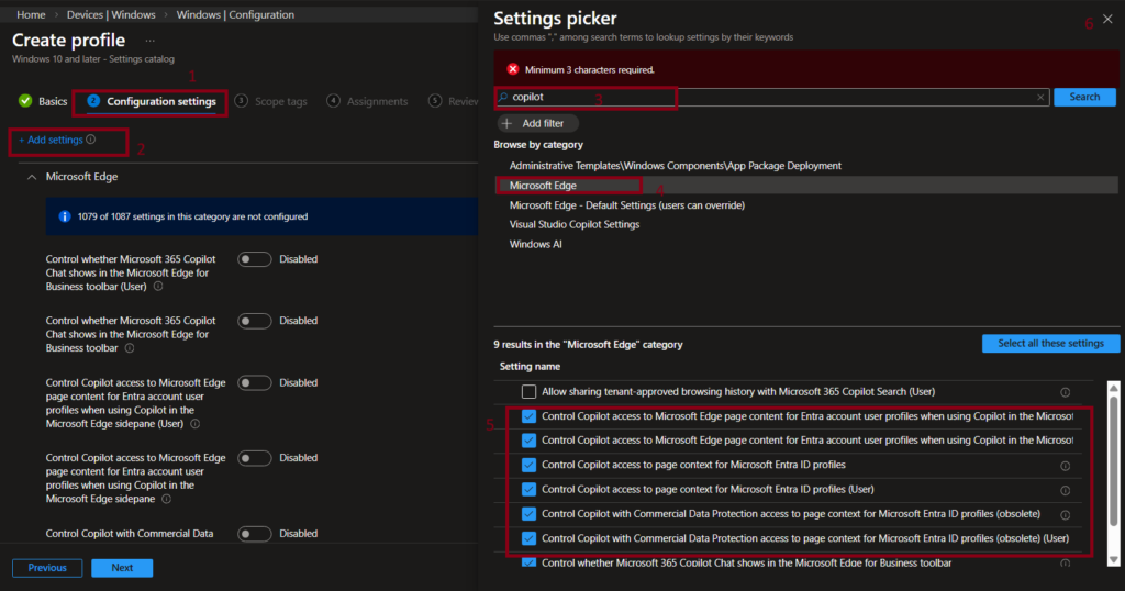 Screenshot of the Intune Configuration settings page showing Microsoft Edge Copilot policies with options enabled for deployment.