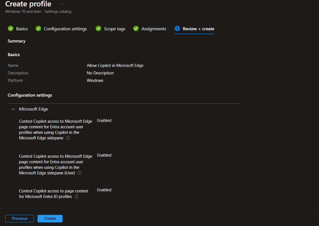 Screenshot of the Intune Review + Create page displaying Copilot configuration settings and assignments, with Create button to finalize deployment.
