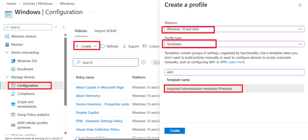 Create device configuration profile using imported administrative templates