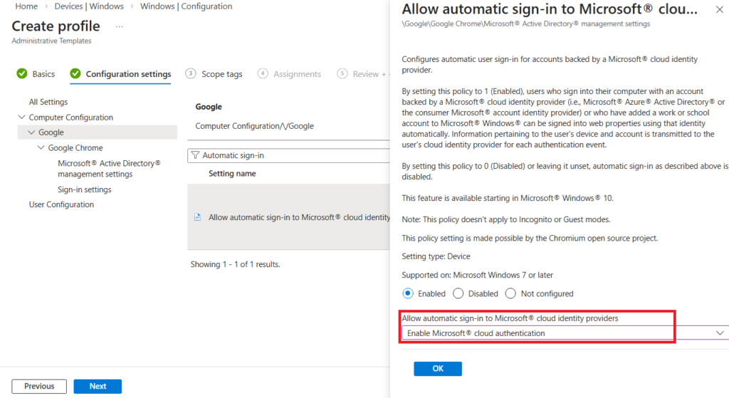 Allow automatic sign-in to Microsoft cloud identity providers settings for Google chrome SSO