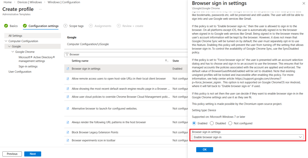 Browser sign-in settings for Chrome SSO