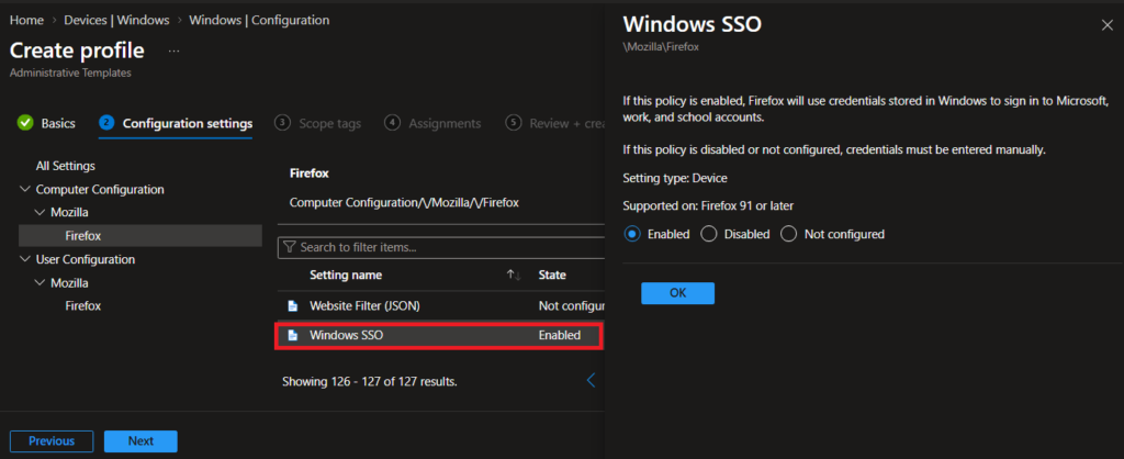 Mozilla Firefox Windows SSO Setting catalog in Intune