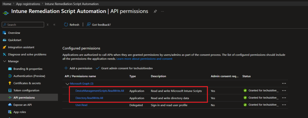 Microsoft Graph API permission for Intune remediation script automation