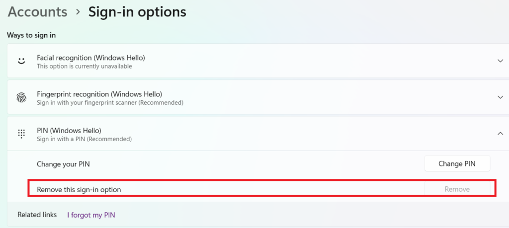 Remove Windows Hello PIN from settings app