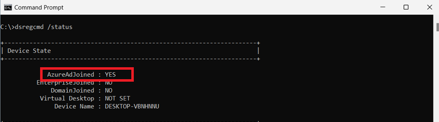 dsrecmd /status Azure AD join status
