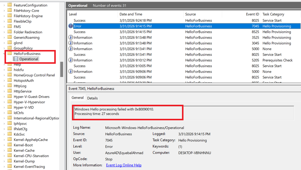 Windows Hello processing failed with 0x80090010.