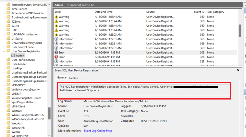 User device registration log in event viewer