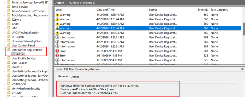 WHfB logs user device registration