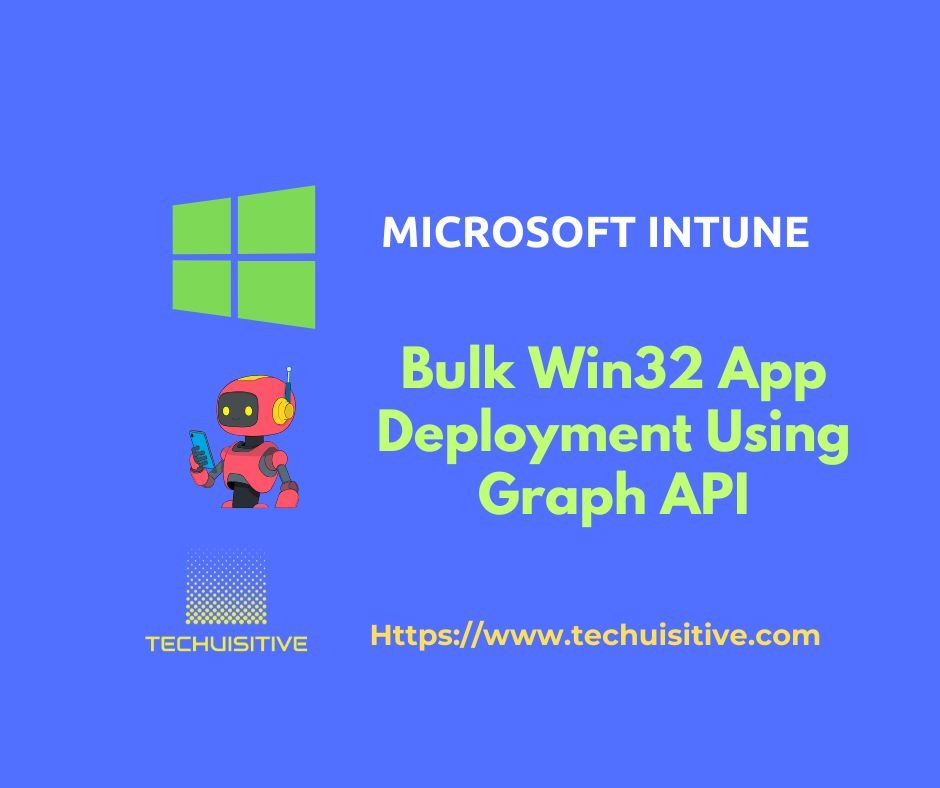 Blue poster featuring Microsoft Intune logo, a red robot mascot, and the title 'Bulk Win32 App Deployment Using Graph API' with Techquisitive branding and URL.