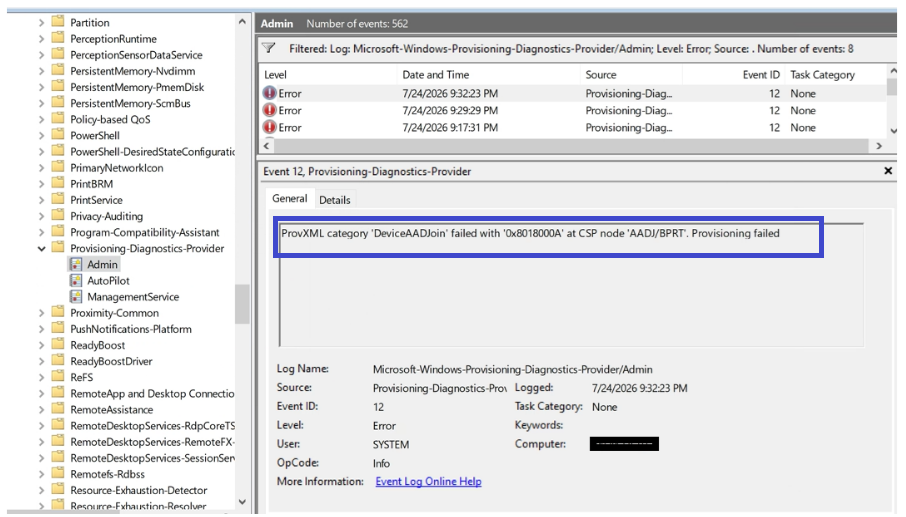 ProvXML category 'DeviceAADJoin' failed with '0x8018000A' at CSP node 'AADJ/BPRT'. Provisioning failed