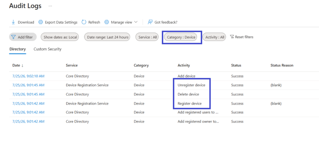 Entra Audit Logs Device registration