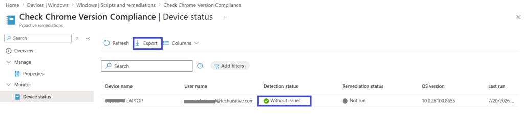 Intune remediation script Device status